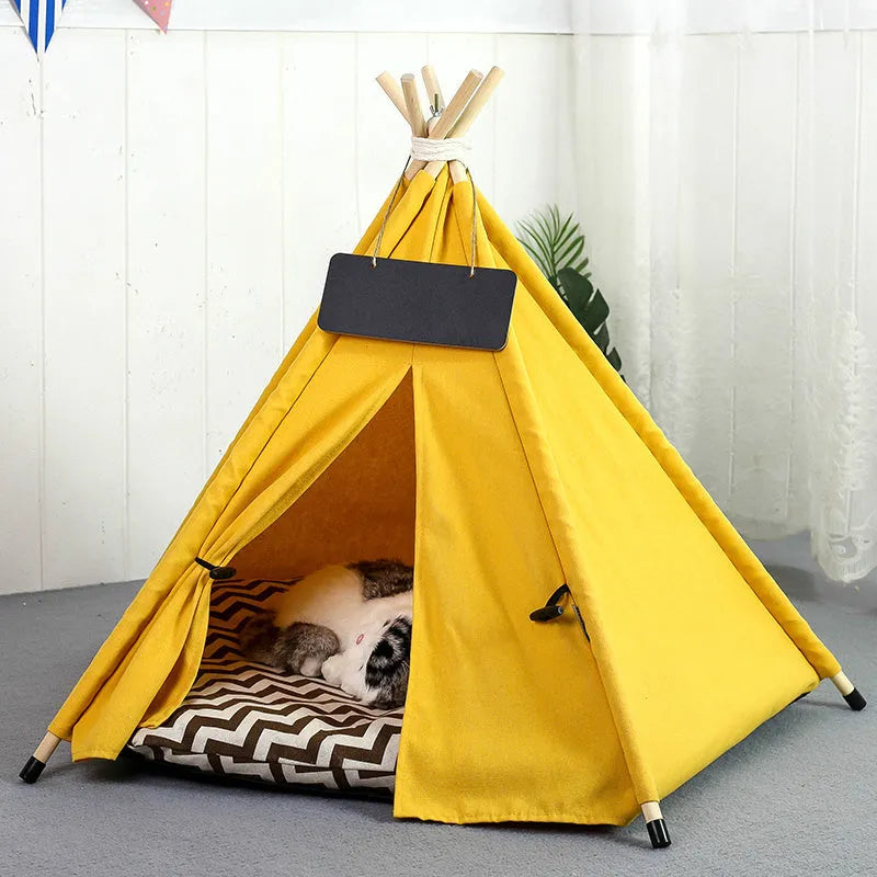 Portable pet teepee tent with cushion for small dogs cats rabbits in linen material