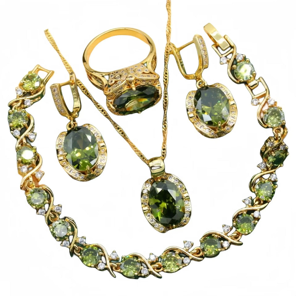 Full rhinestone zircon women's jewellery set showing necklace with snake bones chain, earrings, and ring in olive green or red.