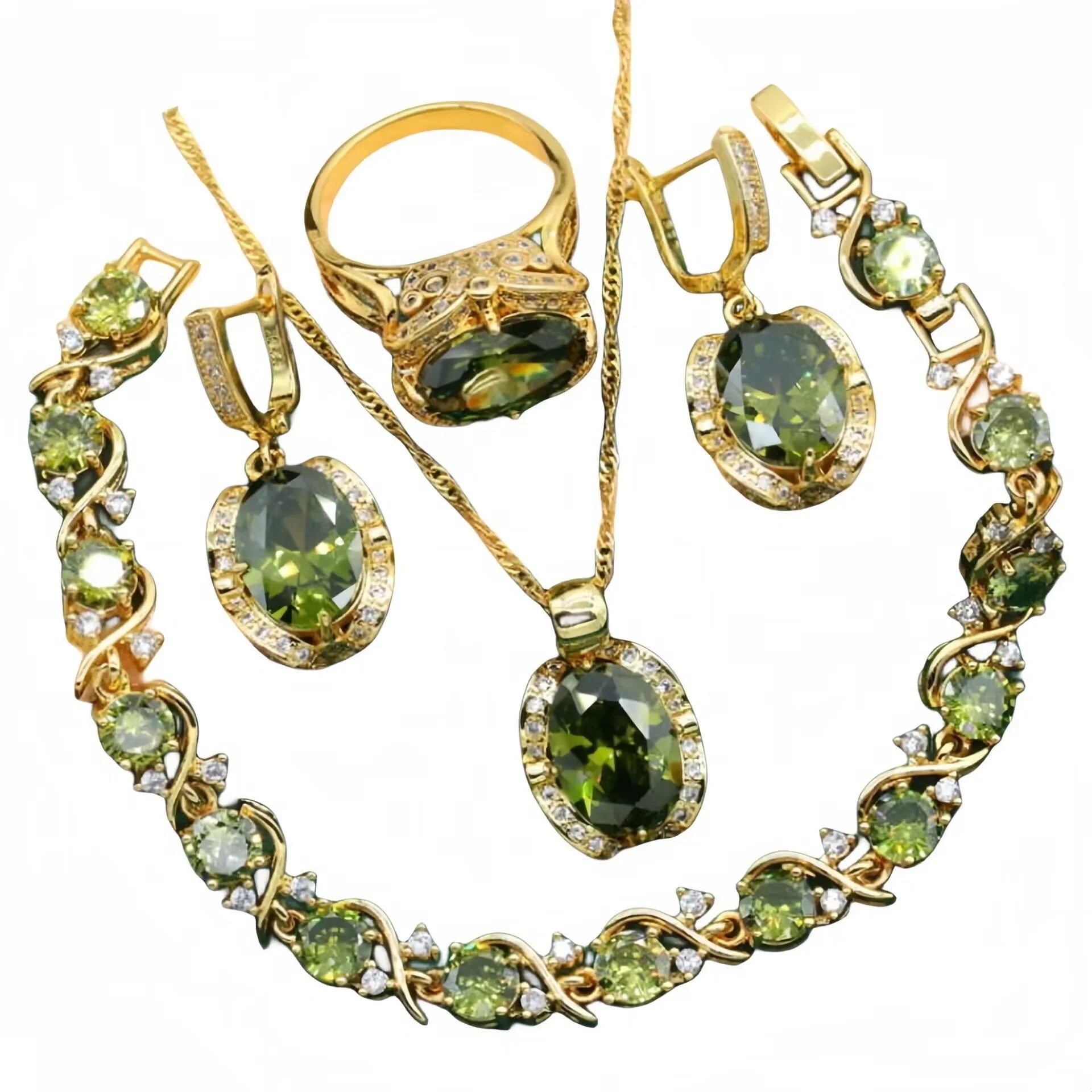 Full rhinestone zircon women's jewellery set showing necklace with snake bones chain, earrings, and ring in olive green or red.