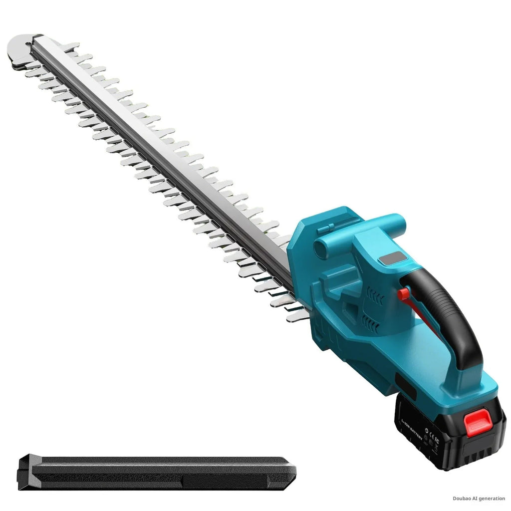 24V lithium battery cordless electric hedge trimmer with two batteries and charger on white background