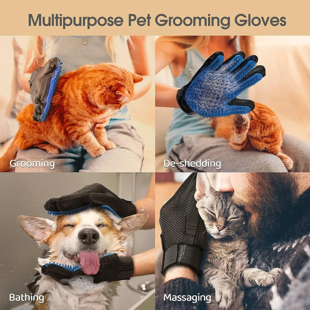 Blue pet grooming gloves with silicone tips for gentle hair removal from dogs and cats