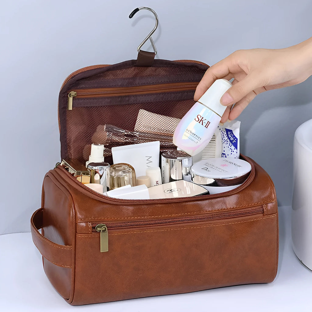 Waterproof cosmetic storage bag in brown PU leather with large capacity interior