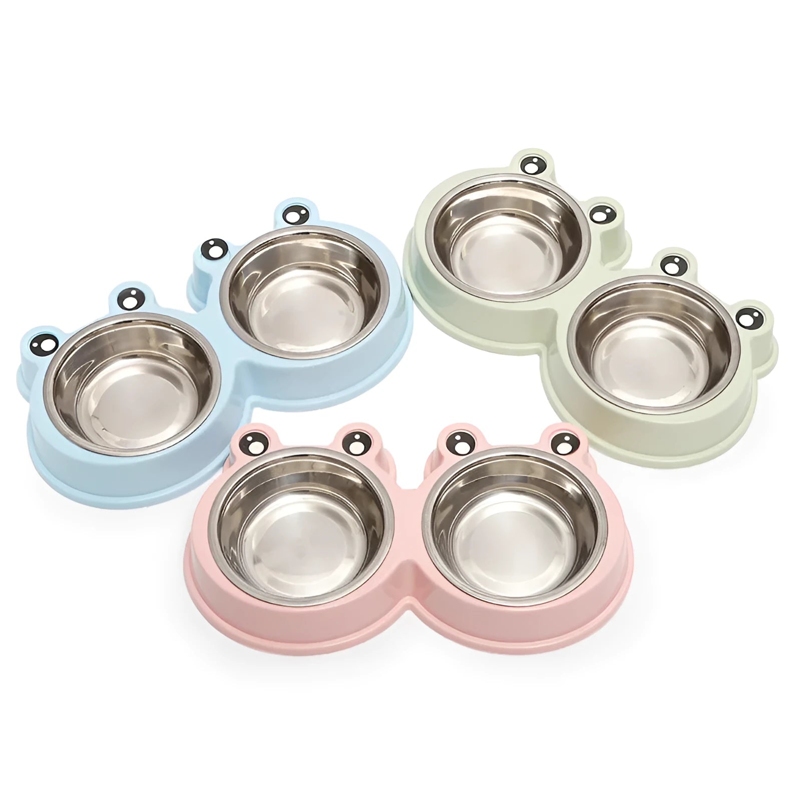 Stainless steel double pet bowl set with anti-slip frog base in blue, for cat or dog food and water.