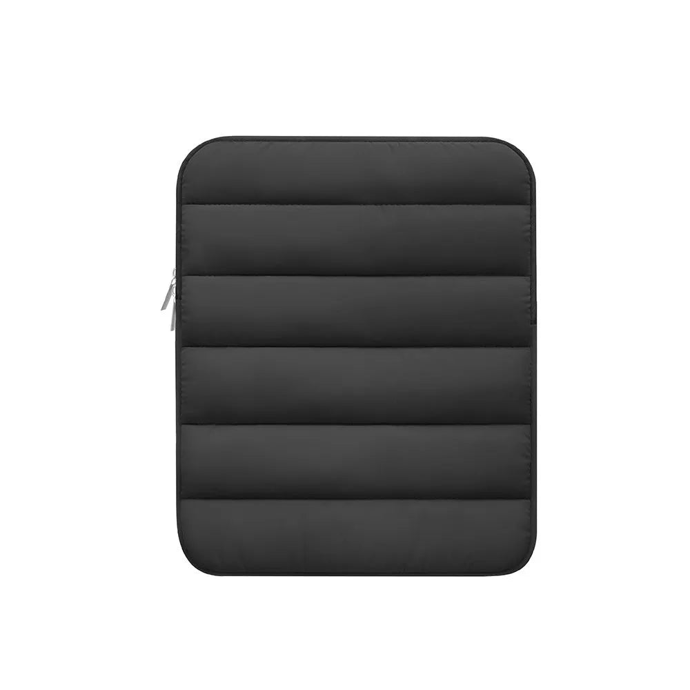 Black padded laptop sleeve with elastic sides for 9.7-11 inch devices, shown next to a storage bag.