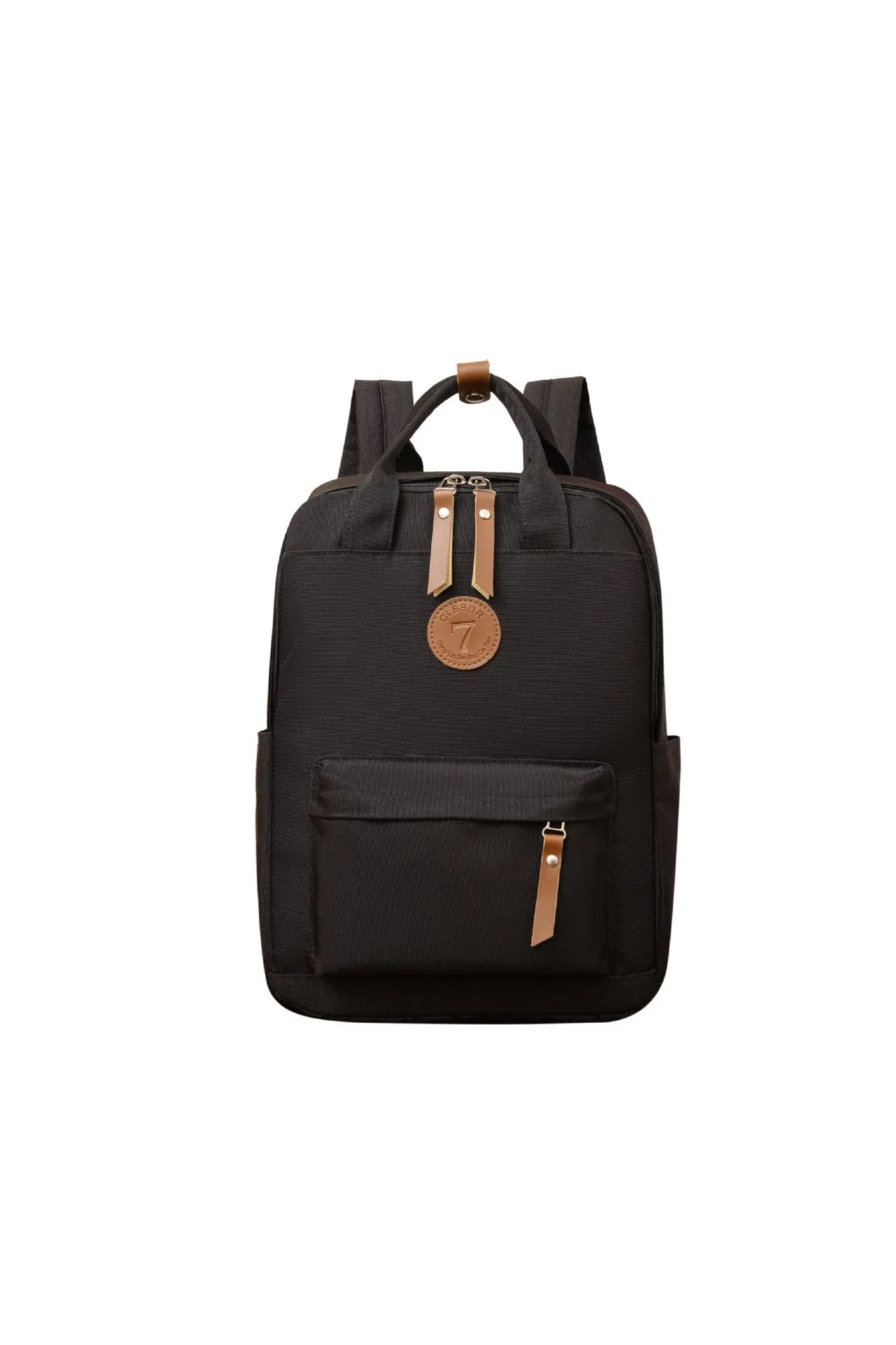 Black Oxford cloth fashion backpack with curved shoulder straps and retro sewing thread details
