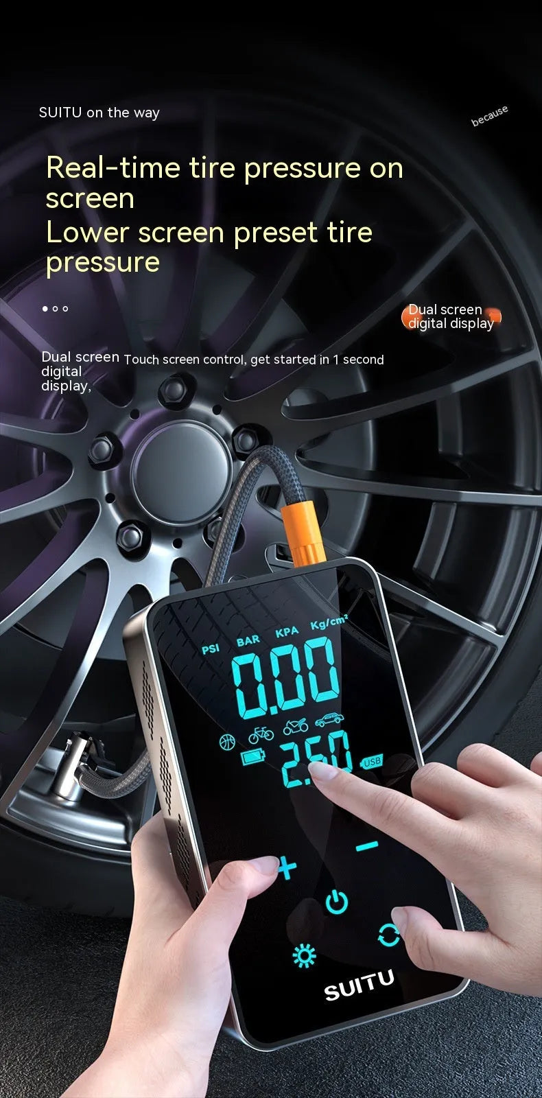 Compact black wireless car tyre pump with LCD screen displayed next to its hose, nozzles, and Type-C charging cable.