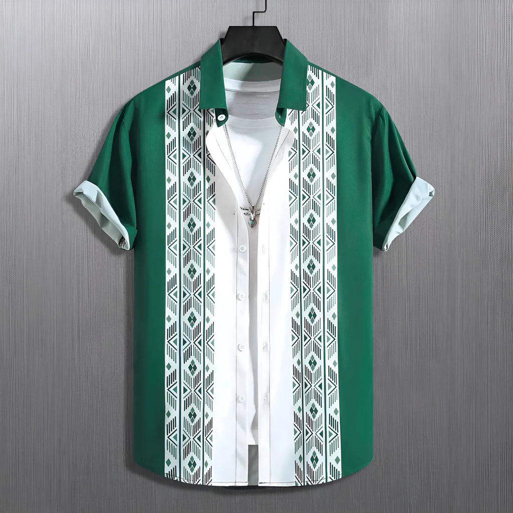 Men's loose fit plaid short-sleeve shirt with cardigan lapel in stretch polyester fabric
