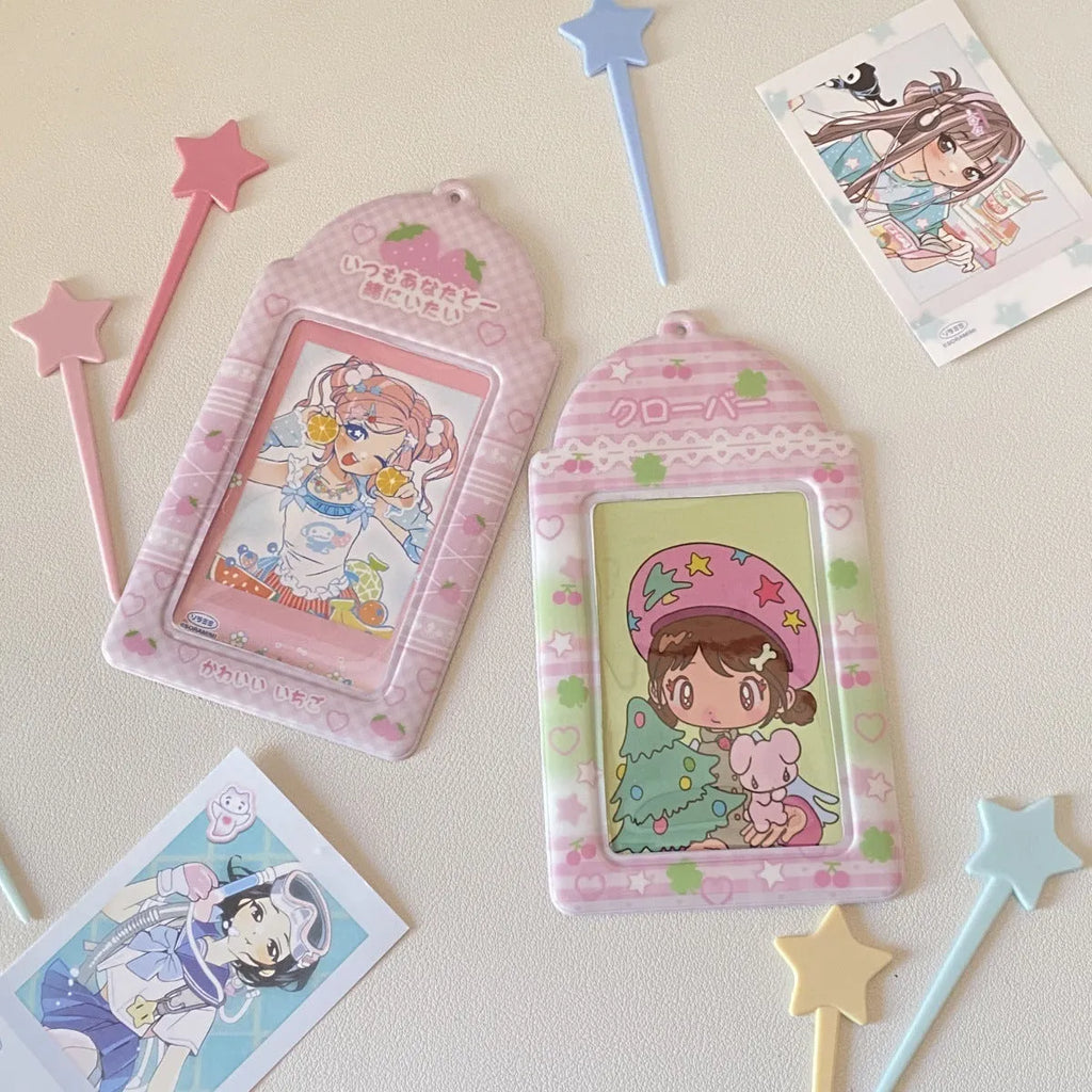 Cartoon strawberry or four-leaf clover PVC meal card holder pendant with clear card sleeve