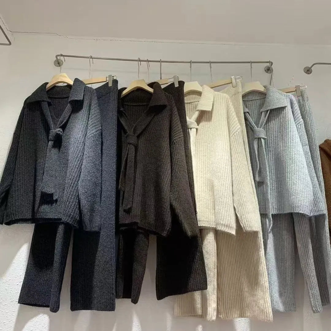 Sweater suit two-piece set with imitation cashmere fabric in beige, dark coffee, dark gray, or gray colours