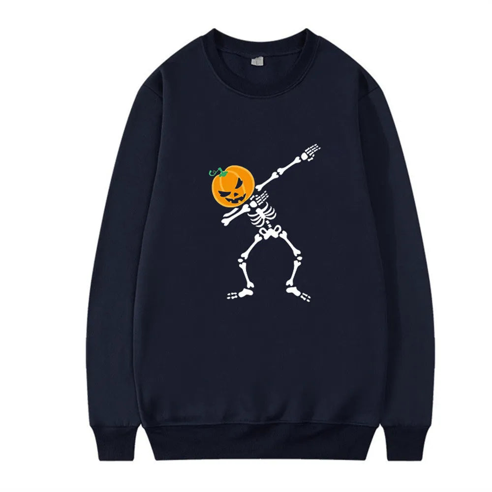 Women's casual printed long sleeve crew neck top in a cotton polyester blend on a hanger.