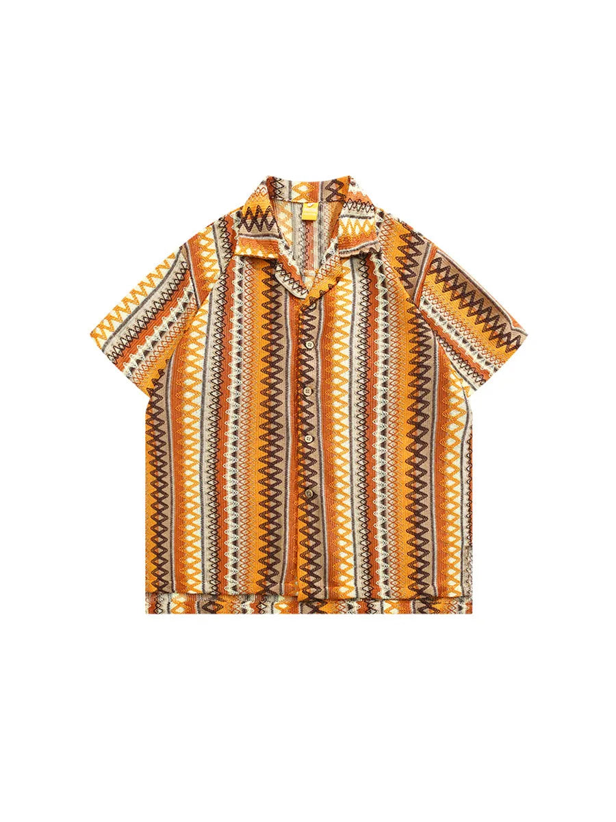 Men's ethnic woven Cuban collar shirt with contrast colours, loose fit drop shoulder sleeves