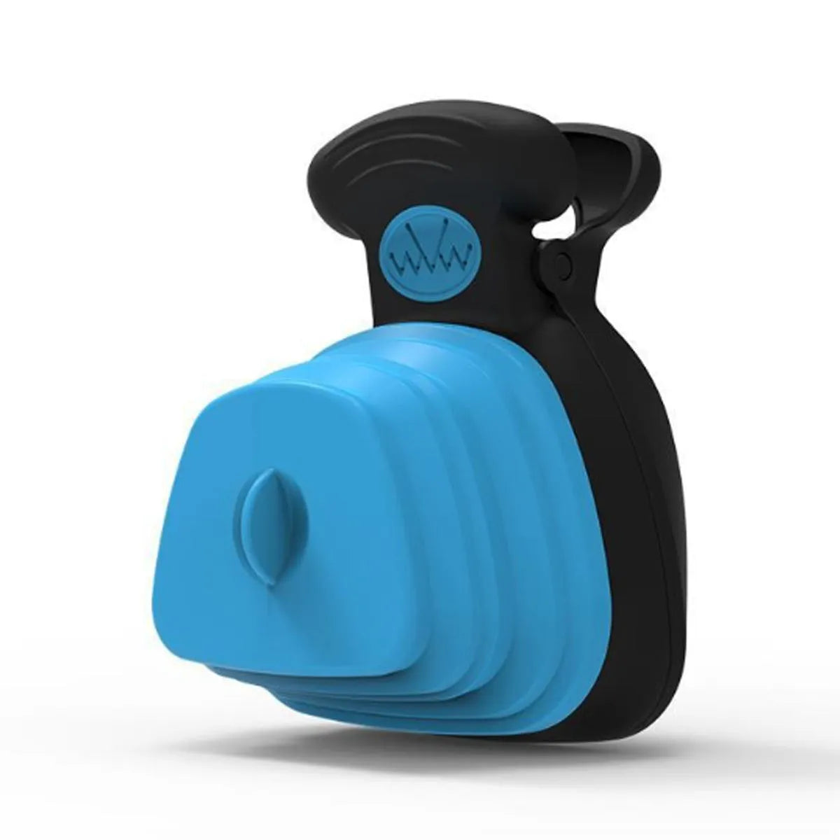 Portable handheld dog poop scooper with expandable container and bag dispenser in blue, green, grey, or yellow.