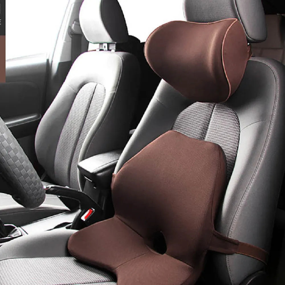 Memory foam car seat cushion and optional headrest in beige colour on a car seat
