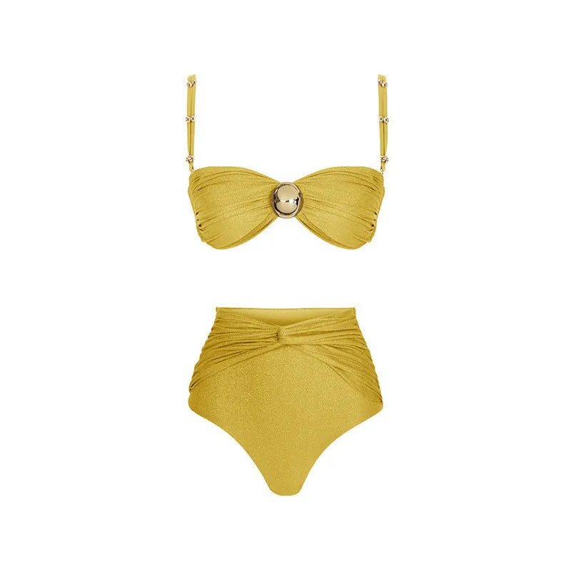 Yellow and green women's high waist two-piece bikini swimsuit with a separate skirt laid flat.