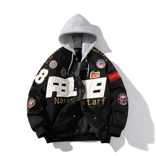 Black American motorcycle baseball uniform with removable hood for couples in autumn winter style