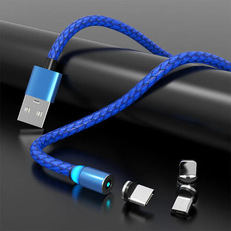 Magnetic charging cable with breathing light showing USB plug and interchangeable Lightning, Micro USB, and Type-C magnetic heads.