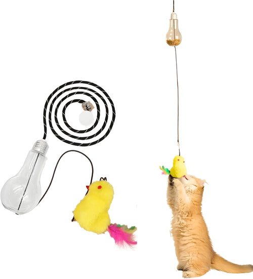 Grey and yellow hanging cat toy with elastic rope, dangling mouse attachment, and treat dispenser bulb