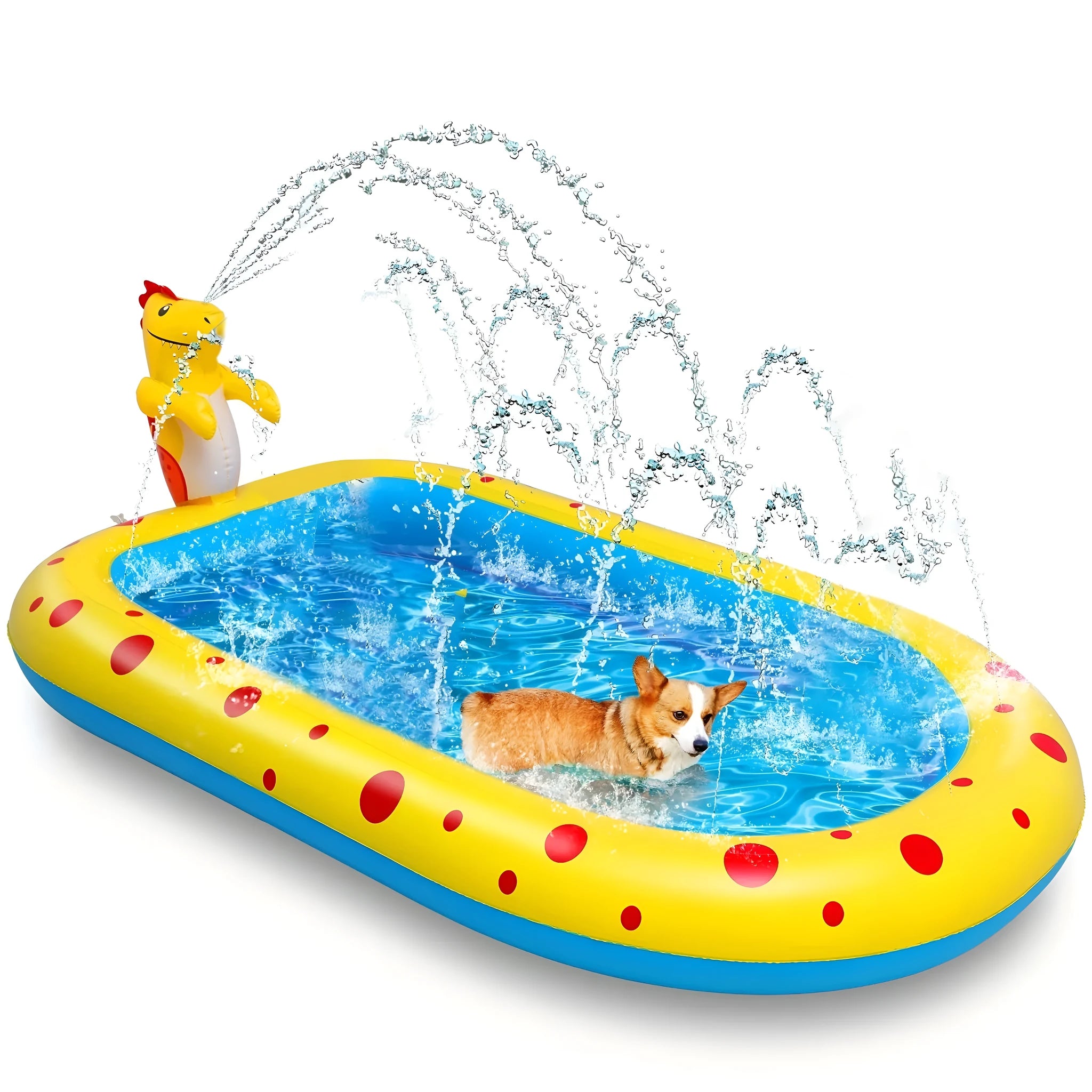 Large blue inflatable kids pool with dinosaur water spray and separate shark pool section