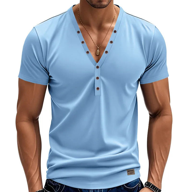 Men's loose thin V-neck pullover top with button design in chemical fibre blend fabric