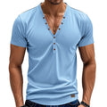 Men's loose thin V-neck pullover top with button design in chemical fibre blend fabric