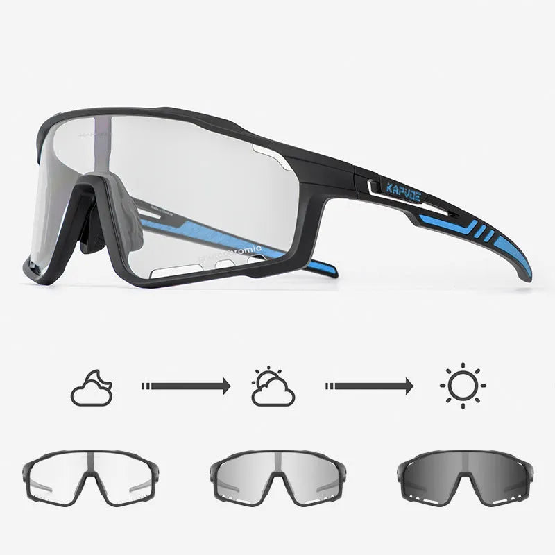 Photochromic cycling sports goggles with TR90 frame and semi-rimless design shown in multiple colour options.