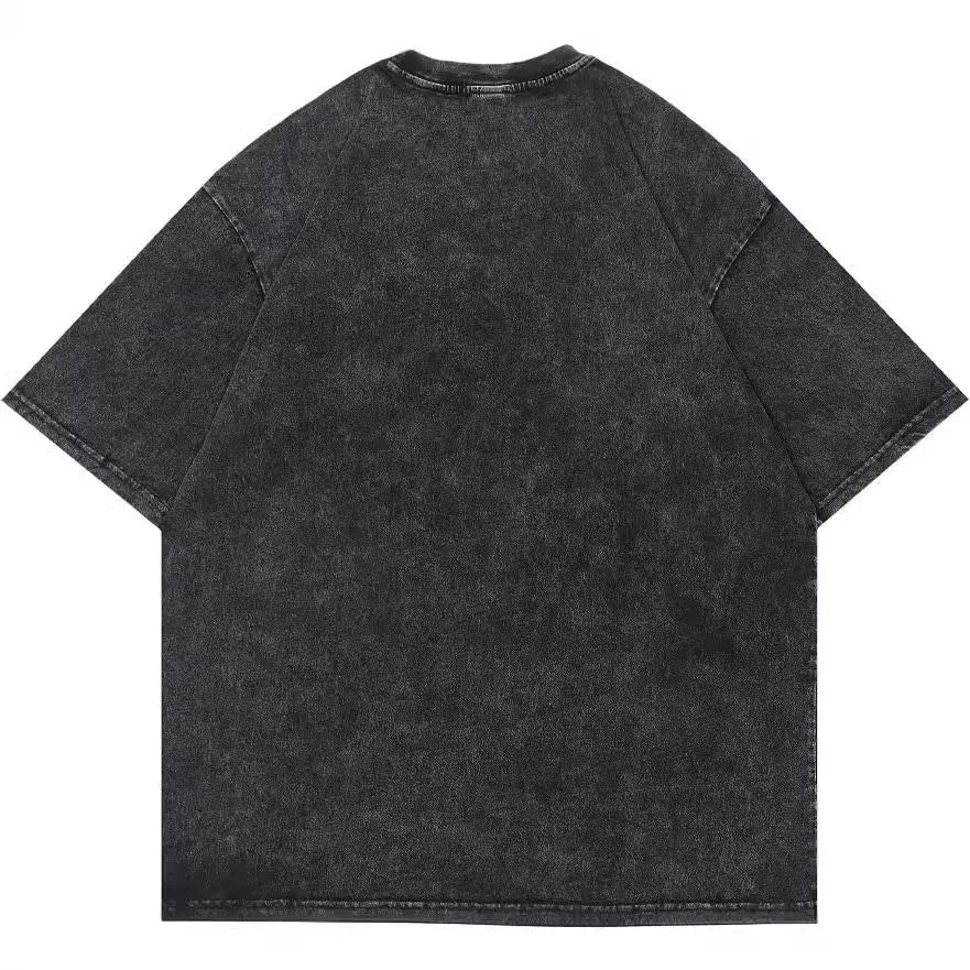 Men's black retro t-shirt with cartoon print, loose fit and short sleeves for casual summer wear