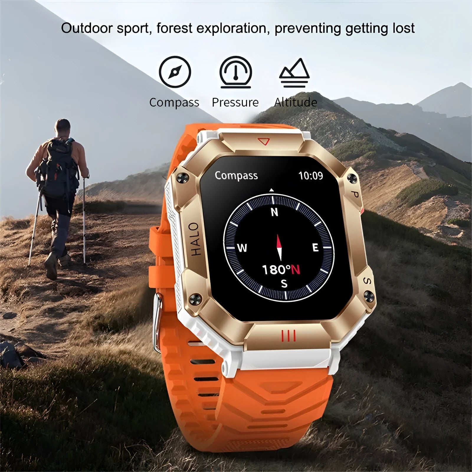 Android GPS smart watch with titanium case and multiple strap options including black camouflage and brown leather