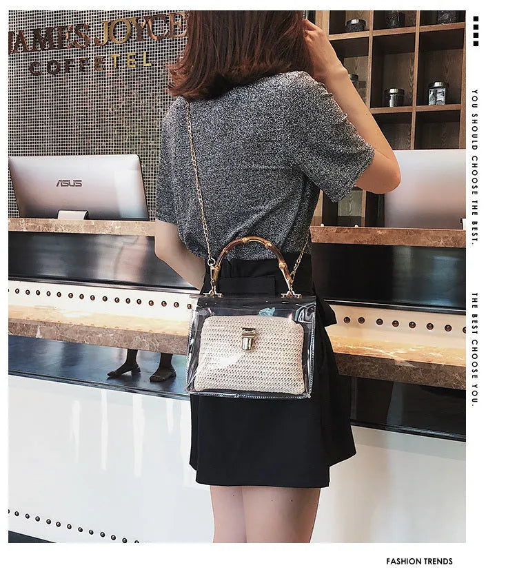 Bamboo knot woven women's shoulder bag in khaki with chain accent and hasp closure on white background