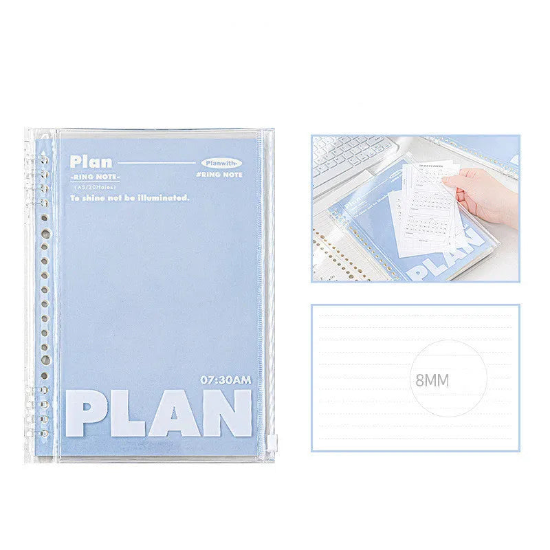 A5 PVC can store spiral notebook in blue or white with clear front showing loose pages