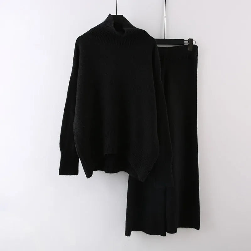 Women's casual acrylic sweater and wide leg trousers two-piece set in solid colour