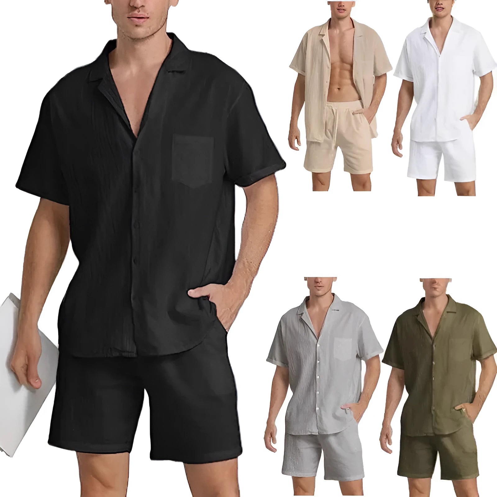 Men's flax linen short-sleeve top and shorts summer sports suit in army green