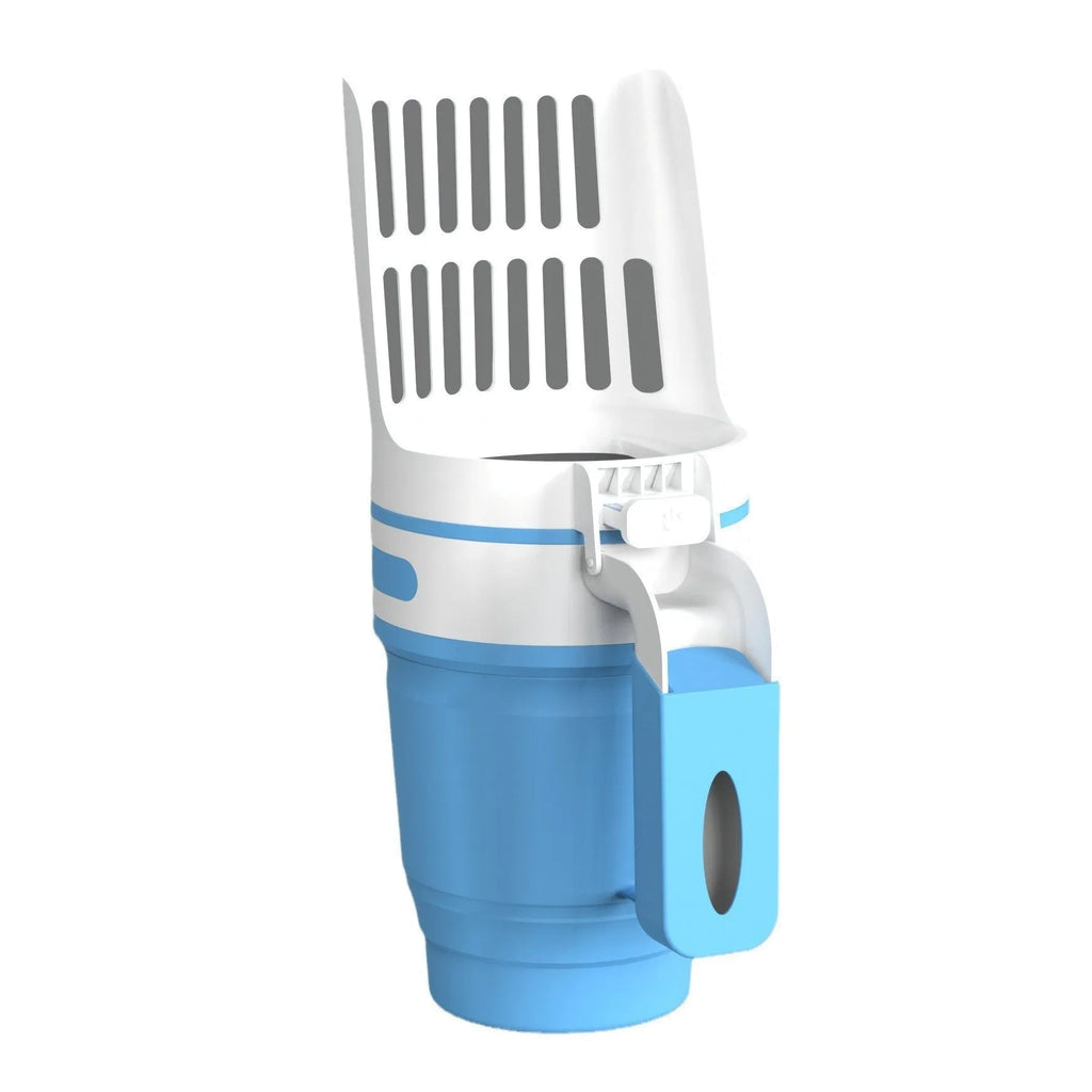 Grey self-cleaning cat litter scoop with attached waste bin and foldable bottom