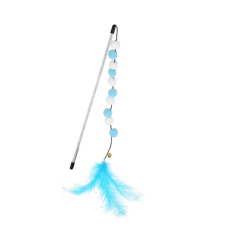 31 cm long cat teaser toy rod with bell and pompon feather attachments in blue colour