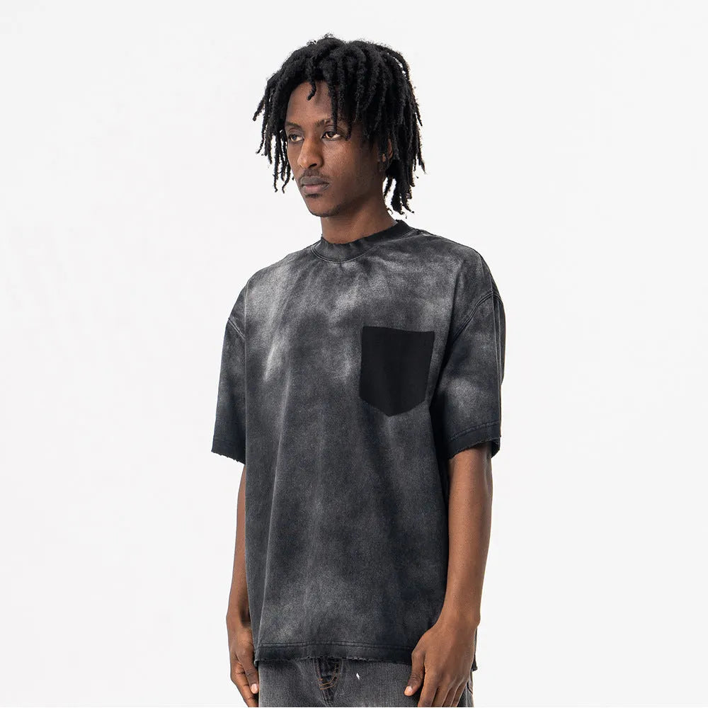 Black men's cotton T-shirt with printed letter pattern and drop-shoulder sleeves in loose fit