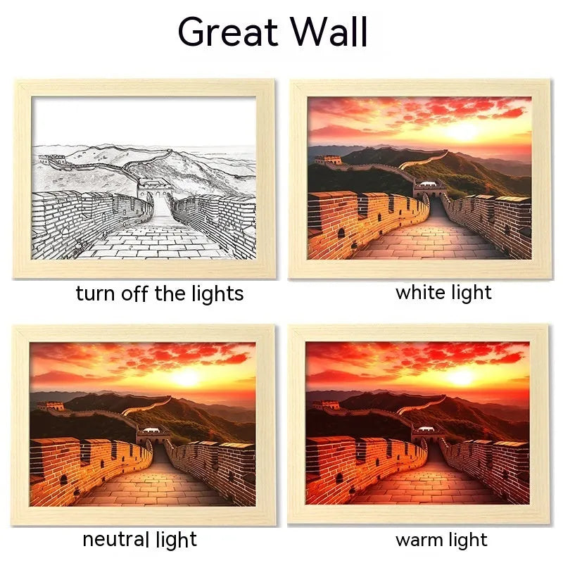 LED illuminated picture frame night lamp showing landscape design with USB cable connection