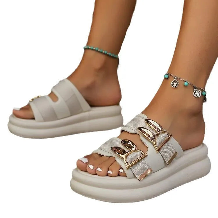 Women's thick bottom slippers with suede upper and rubber sole in apricot, black, and off-white colours