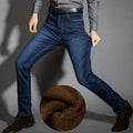 Men's cotton velvet lined straight leg jeans winter warm trousers in black and blue, sizes 28-42