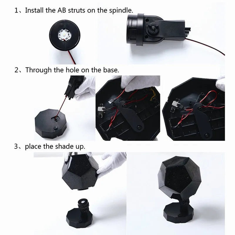 LED star projector night light showing constellation projection on a bedroom ceiling with remote control.