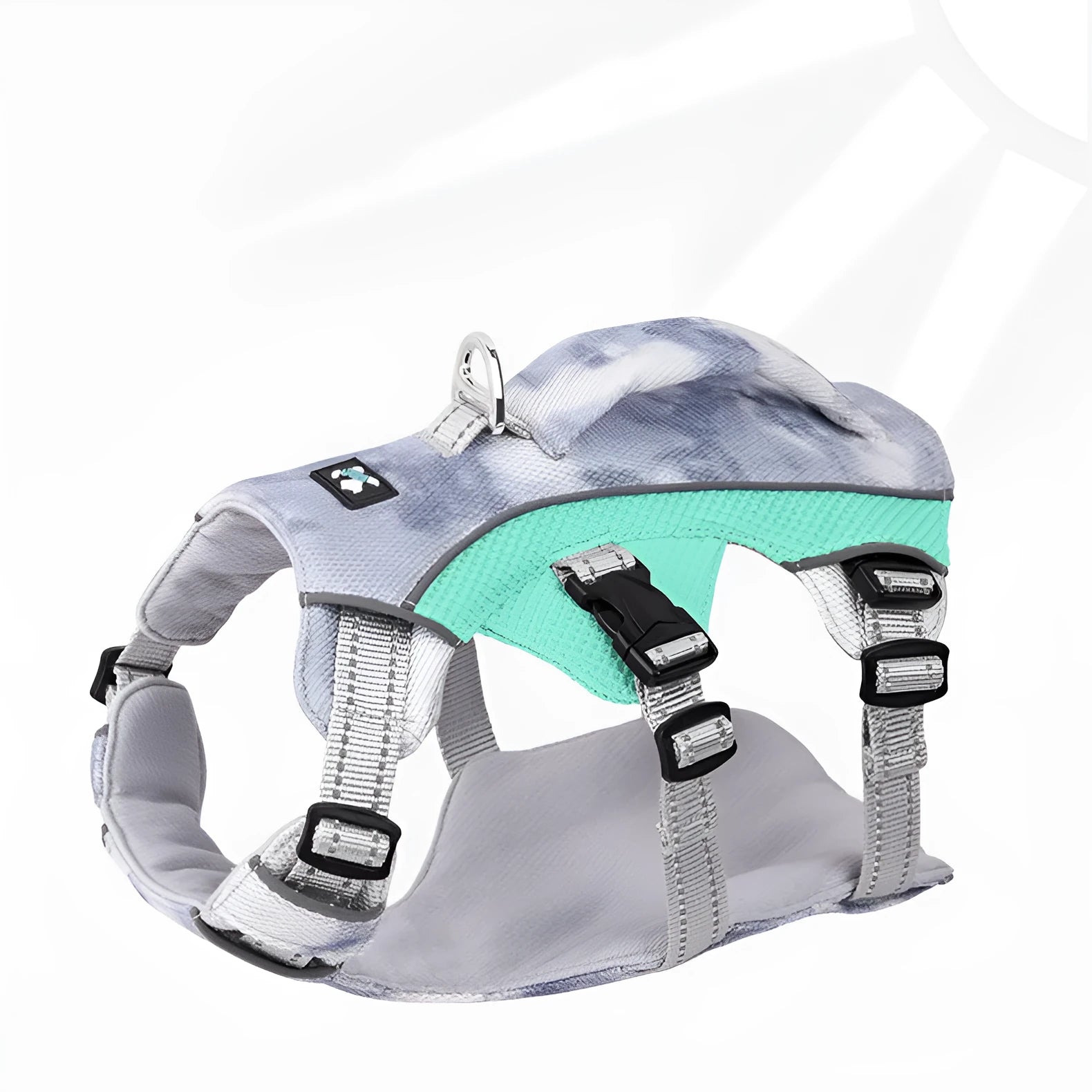 Light blue reflective dog cooling chest strap adjustable harness on a size chart.