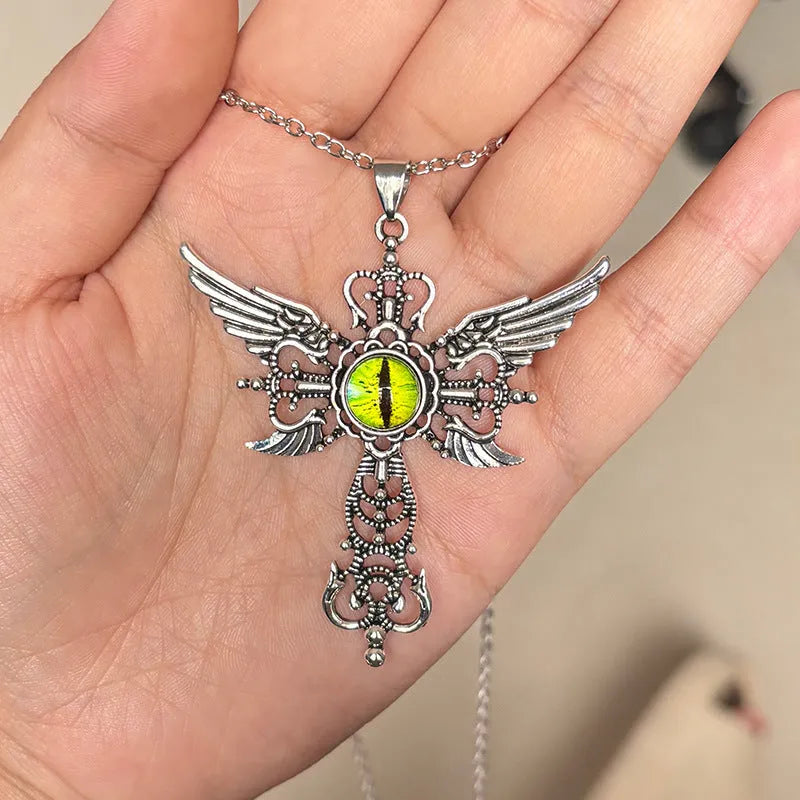 Geometric devil wings cross pendant necklace in alloy with five colour options