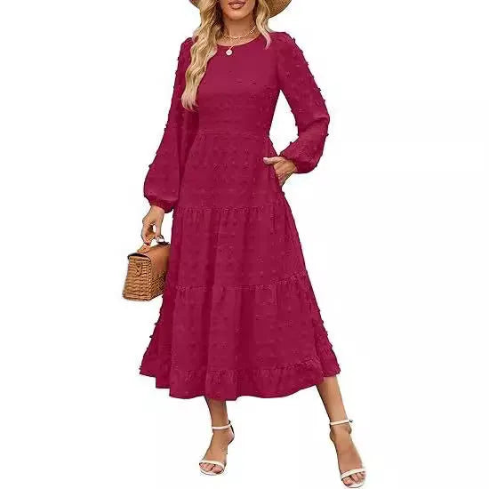 Women's long sleeve high waist casual dress with ruffled sleeves in a solid colour.