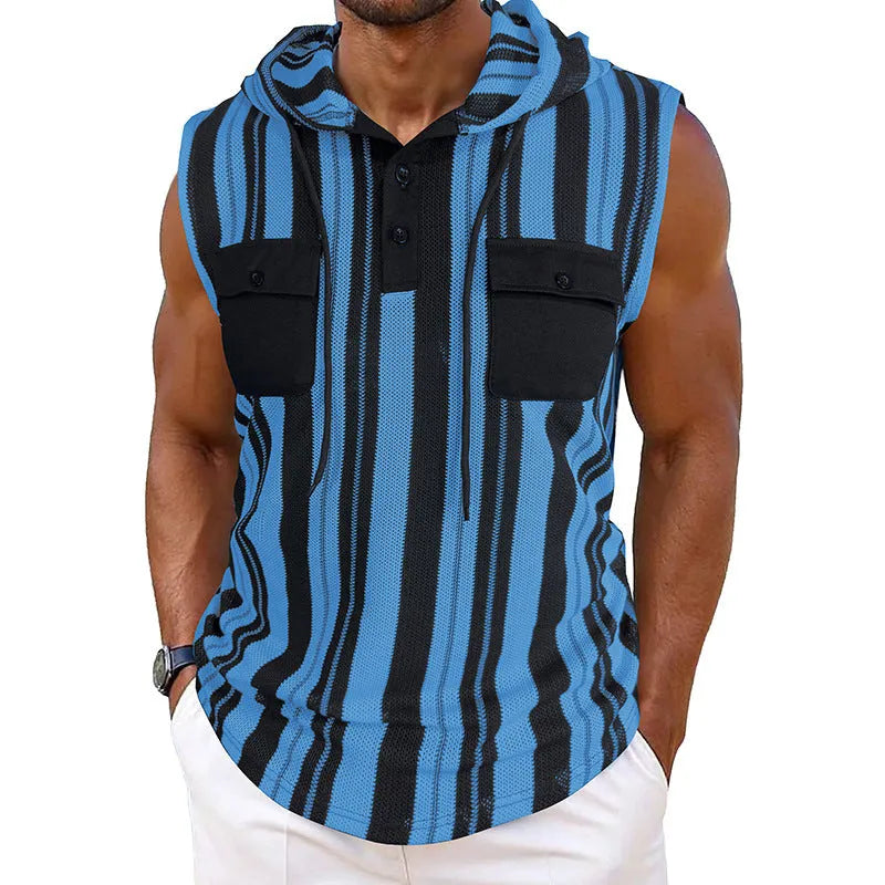 Men’s striped sleeveless hooded vest in black and white stripes, polyester fabric, front pockets
