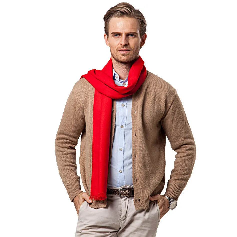 Men's double-sided red velvet tassel scarf 30x180cm plush warm winter accessory