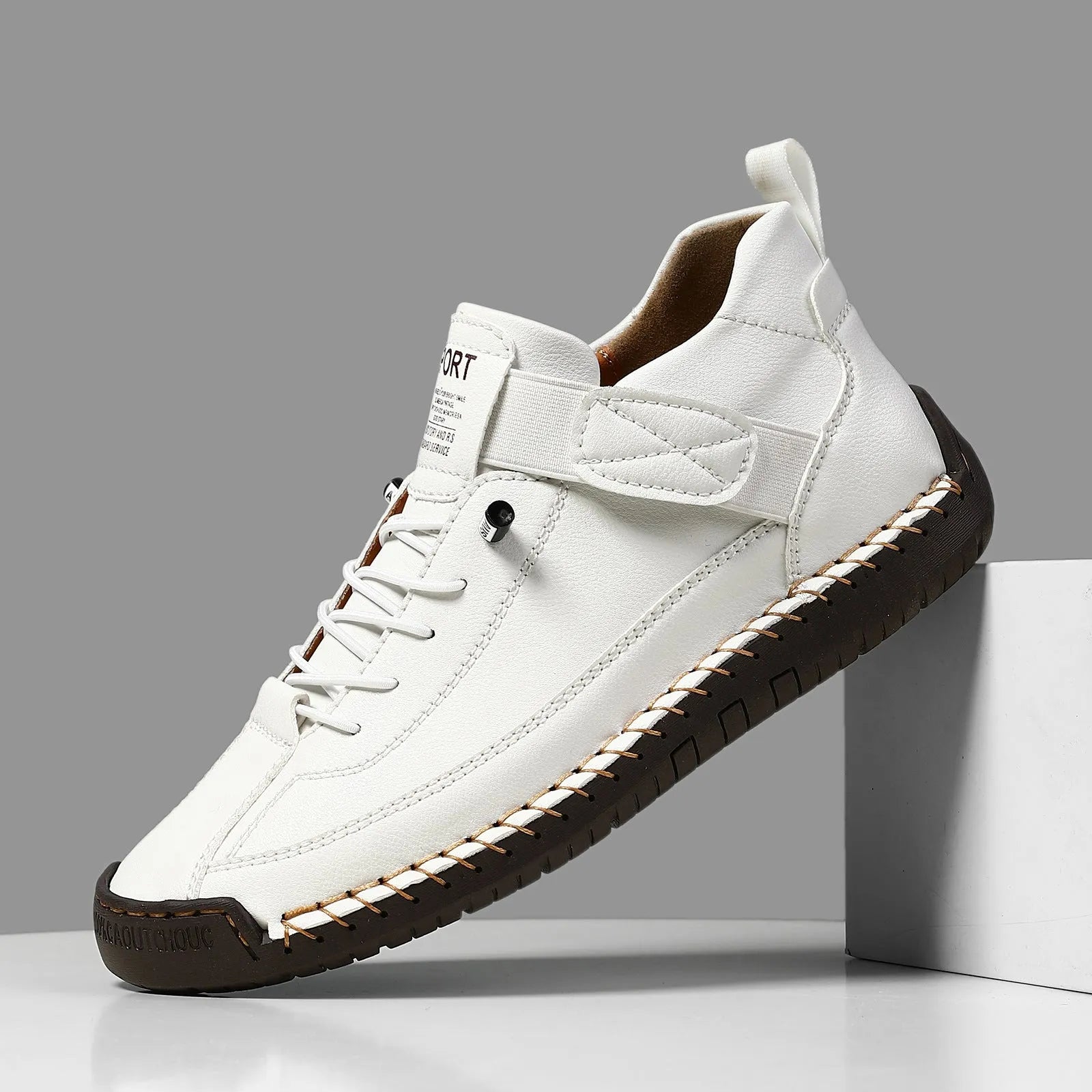 Men's mid-calf black Martin boots with tooling stitching and a flat rubber sole on a white background.