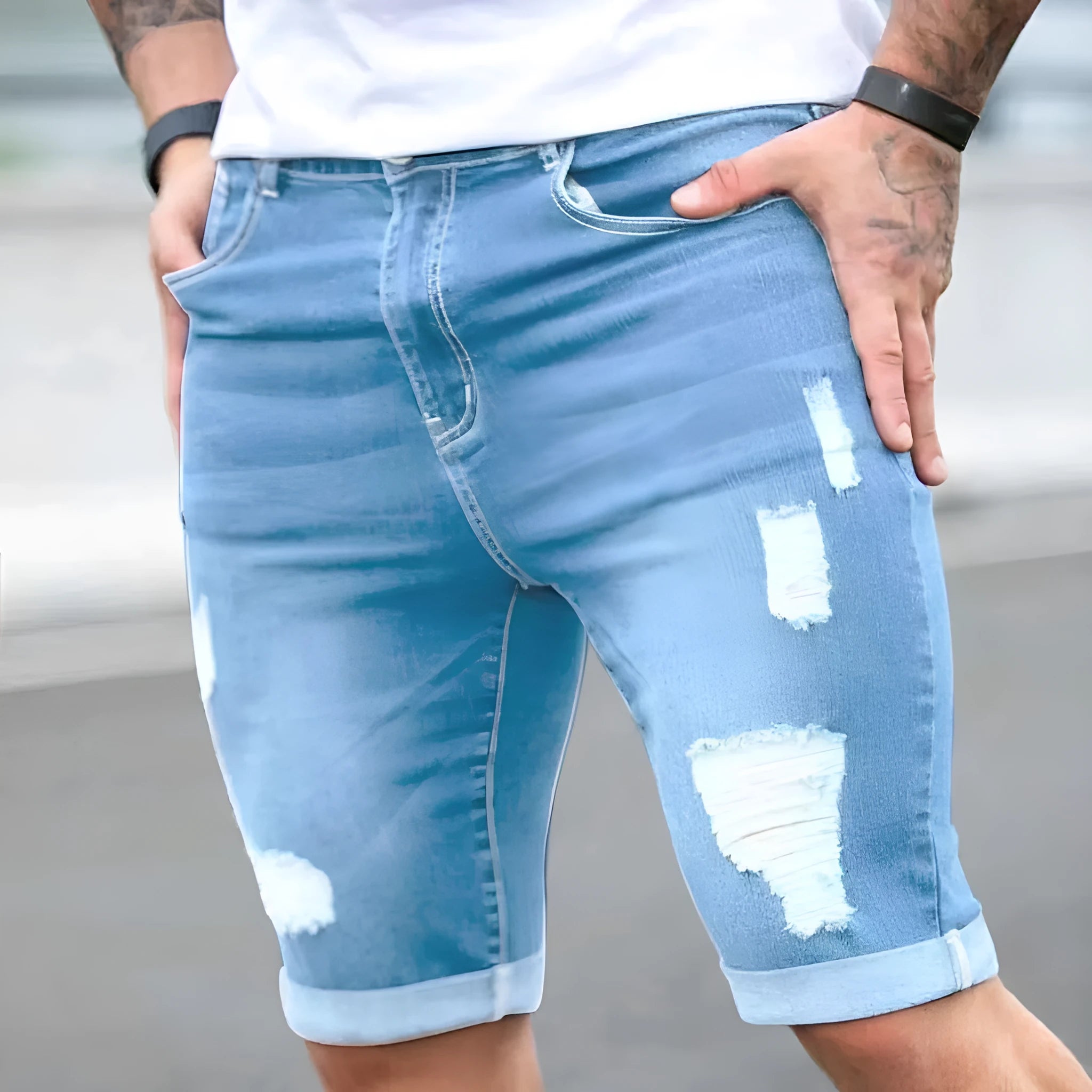 Sky blue denim shorts for men with multi-hole design and low waist straight cut