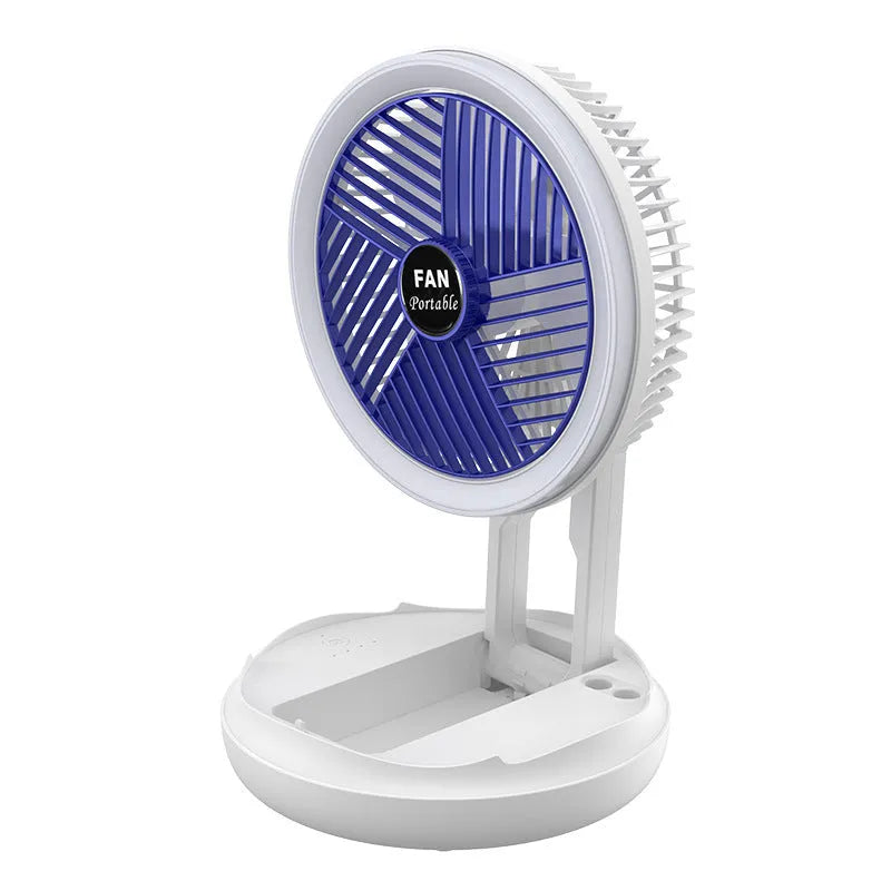 Blue or grey foldable USB fan with LED light showing 300° rotation and multiple mounting options