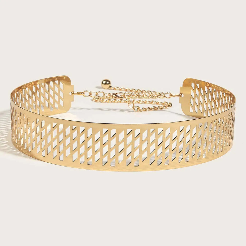 Gold iron waist belt with detailed lantern head pattern, showing alloy buckle and hook fastening.