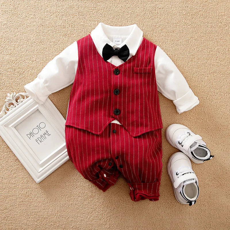 Wine red cotton baby boy romper one-piece suit with long sleeves in gentleman style.