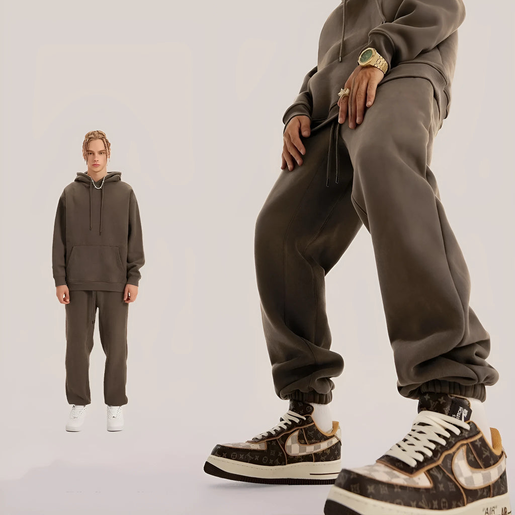 Men's solid colour cotton velvet sweatpants with ankle band design in dark brown