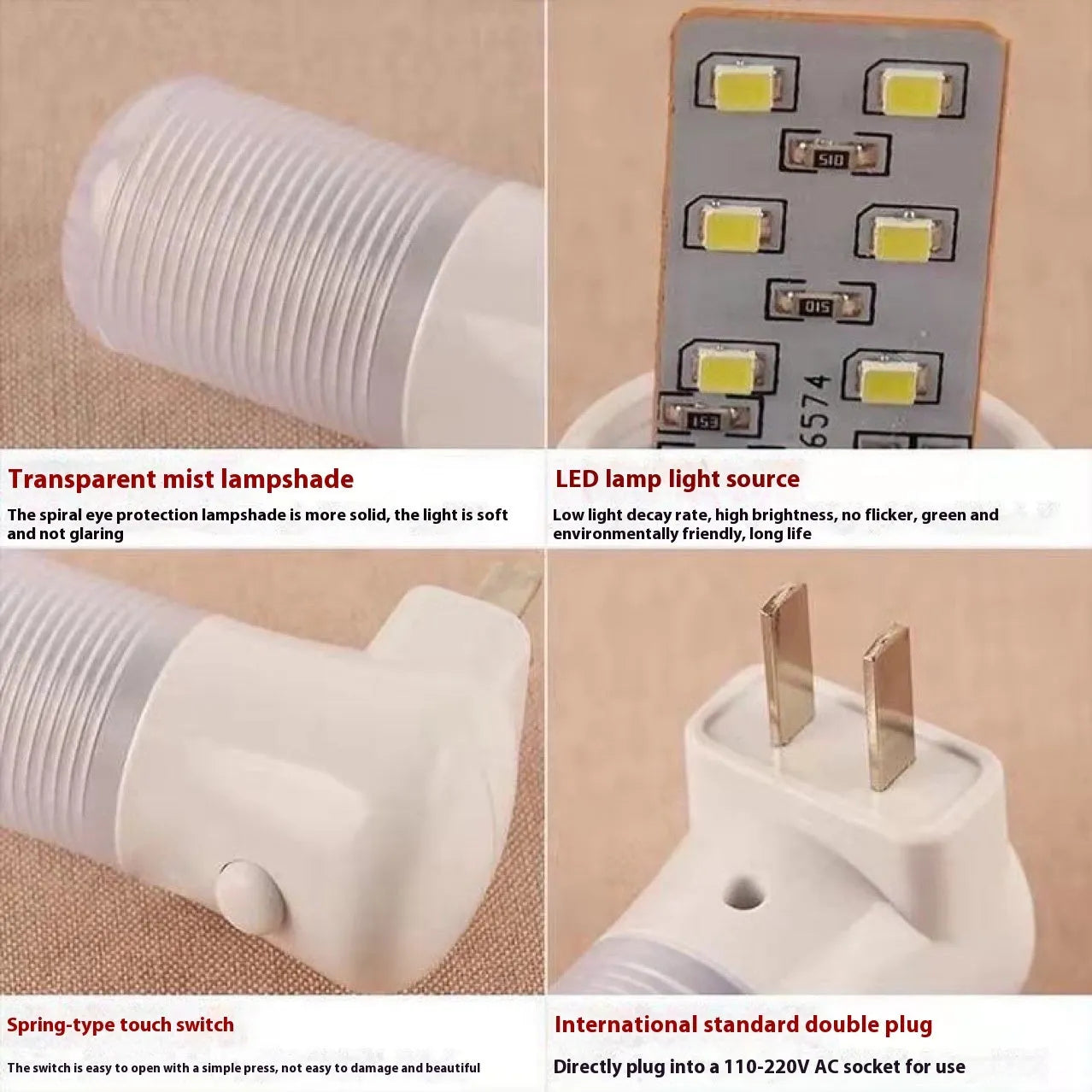 Minimalist plug-in bedside night light with American socket and dual-colour switch